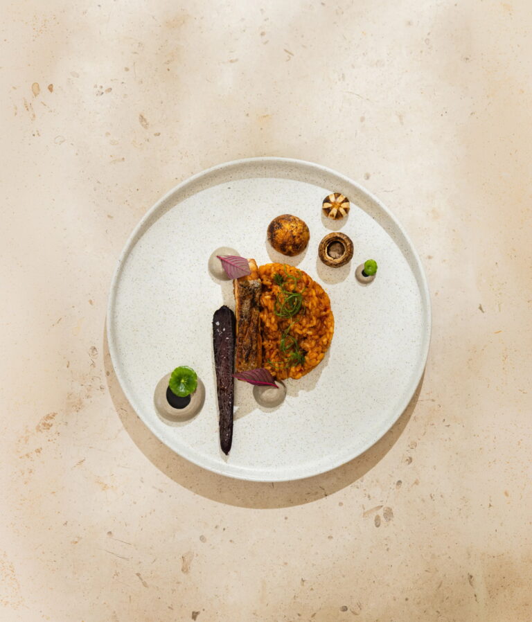 Corvina and creamy rice — pan seared corvina fillet with creamy rice. Secrets of the sea tasting menu by rlt cuisine, playa potrero, guanacaste, costa rica.
