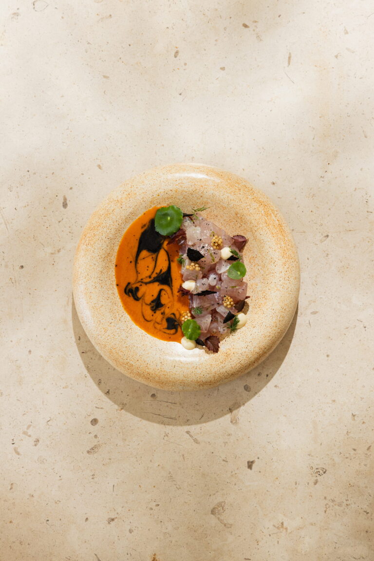 Bespoke 2 Fresh catch of the day ceviche — red salsa corvina ceviche. Secrets of the sea tasting menu by rlt cuisine, playa potrero, guanacaste, costa rica.