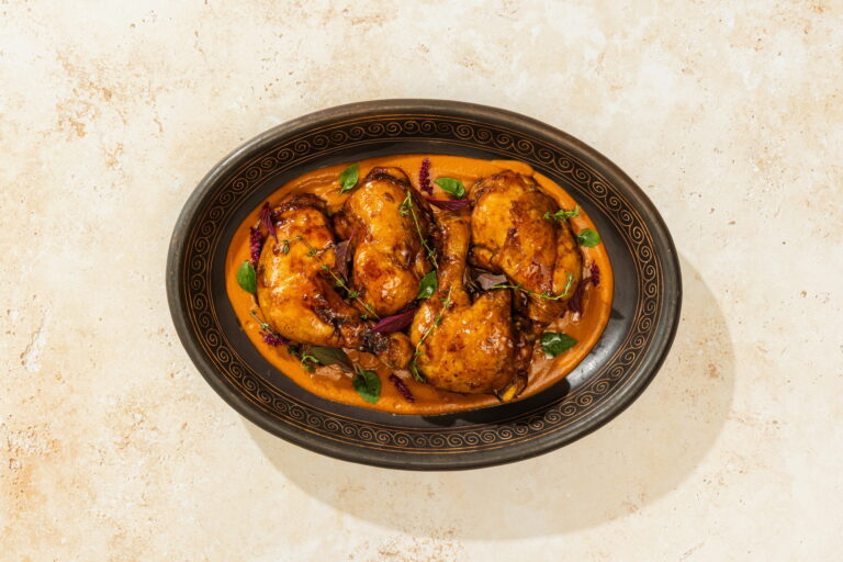 Proteins — chicken thigh and quarter in caribbean sauce. Caribbean soul tasting menu by rlt cuisine, playa potrero, guanacaste, costa rica.